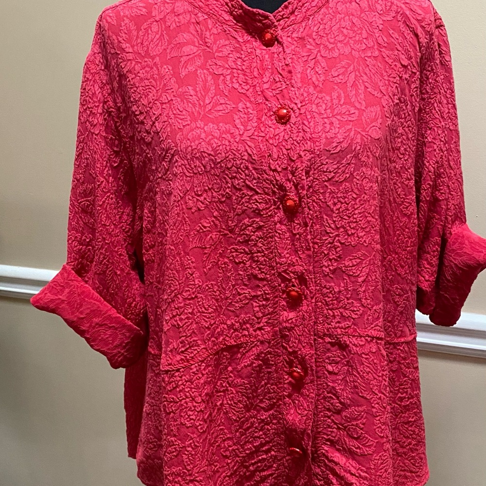 Red, light-weight silk, button-down top - image 1